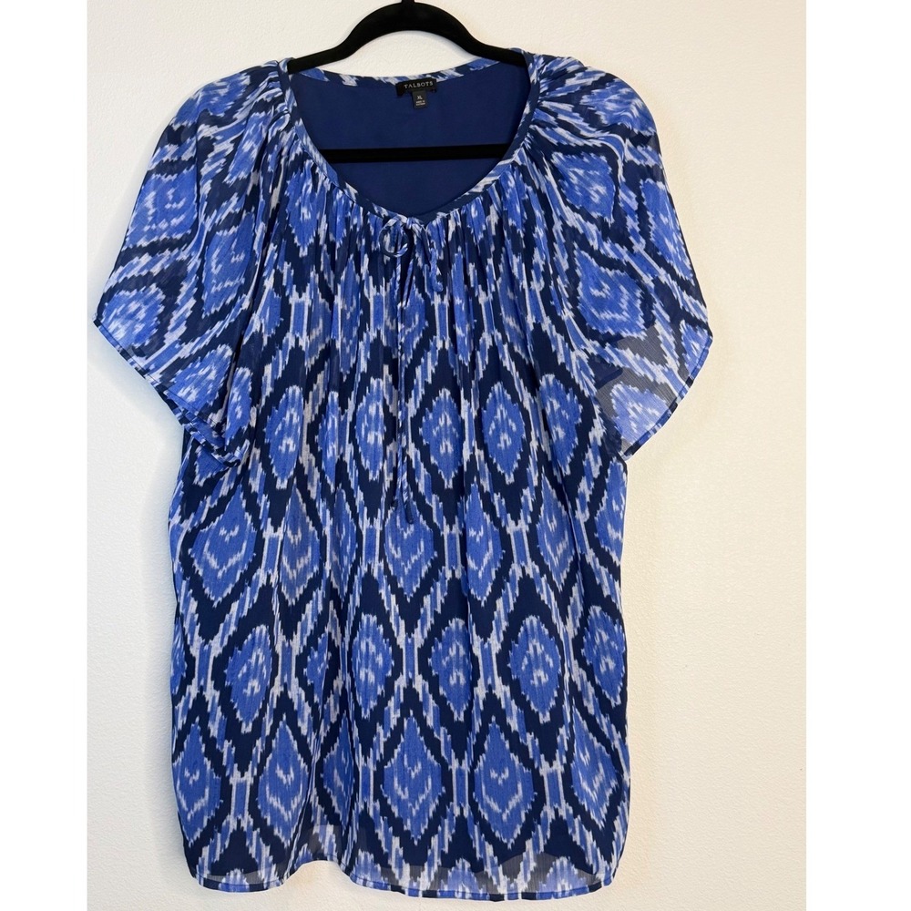Talbots Women's XL Blue Ikat Print Chiffon Blouse‎ Flutter Sleeve Tie Neck Top